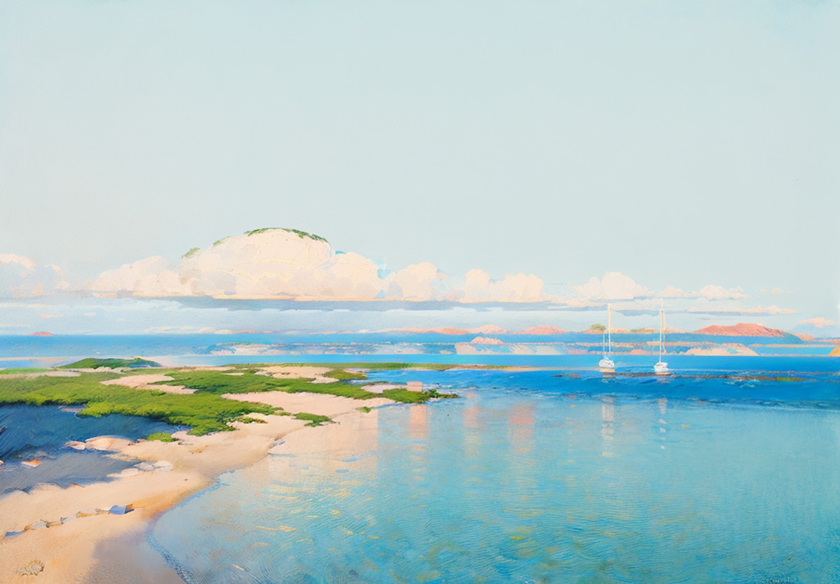 no humans, scenery, outdoors, sky, water, ocean, day, blue sky, traditional media, horizon (illustration:1.0), masterpiece...